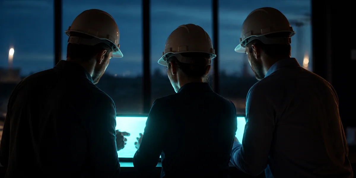 Two site engineers in hard hats and hi-vis vests reviewing the next work item together on a tablet at dusk