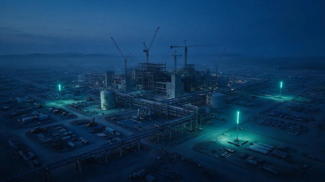 Aerial view of a capital project site at dusk, with three work areas marked out for leadership attention