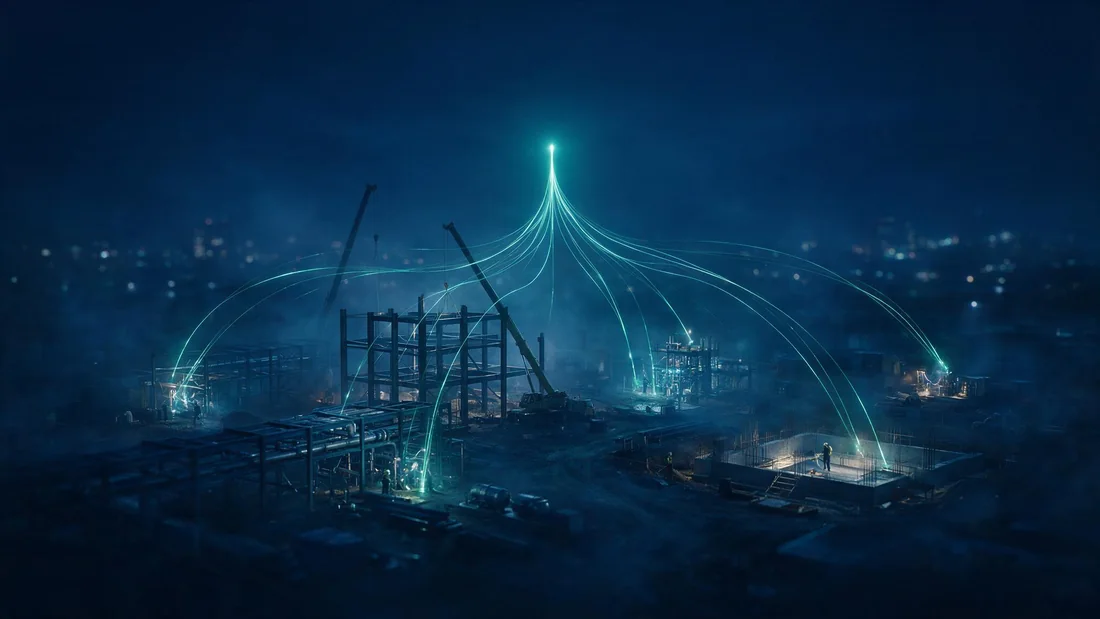 Construction site at night where signals from several work fronts converge into a single coordinated point
