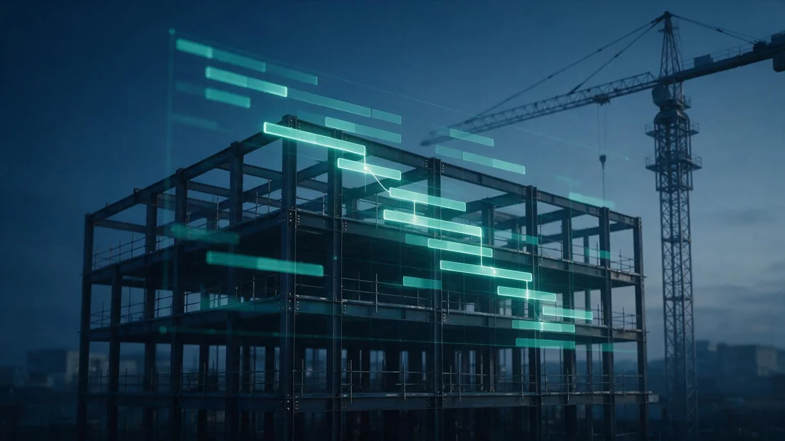 Steel frame under construction with a schedule overlay tracing the critical path through the build sequence