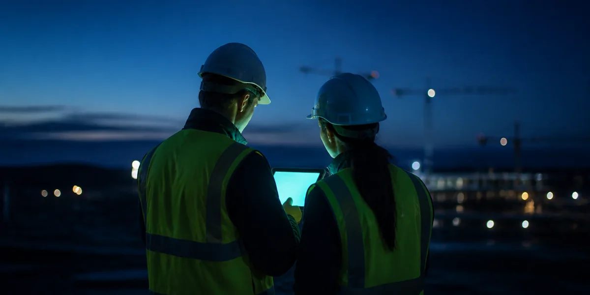 Two site engineers in hard hats and hi-vis vests reviewing the next work item together on a tablet at dusk
