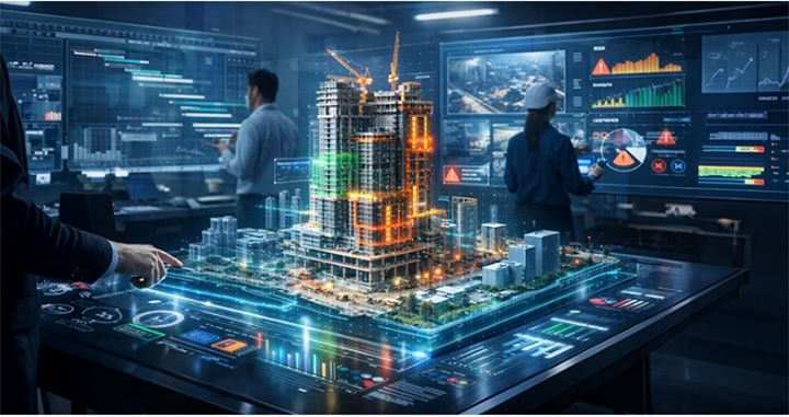 Video placeholder: A federated building model rendered as a live digital twin above a project desk