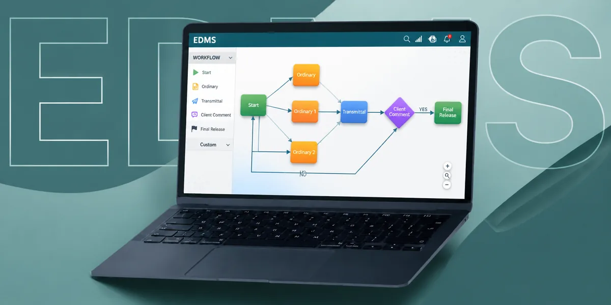 The EDMS workflow builder, showing a document approval flow from start through transmittal and client comment to final release