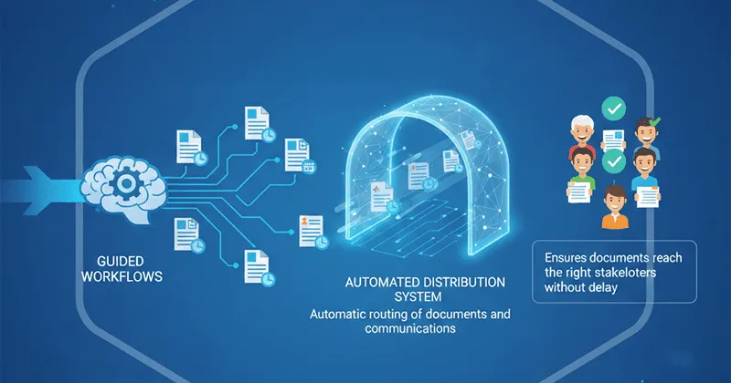 A guided workflow routing documents automatically to the next action owner